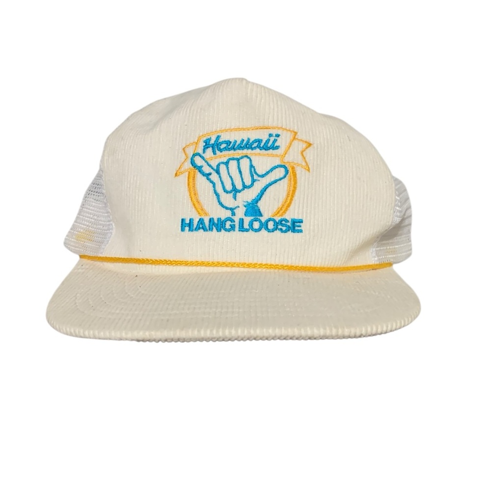 Vintage Cream Corduroy Hawaii Hang Loose Mesh Back Snapback Trucker Hat Retro